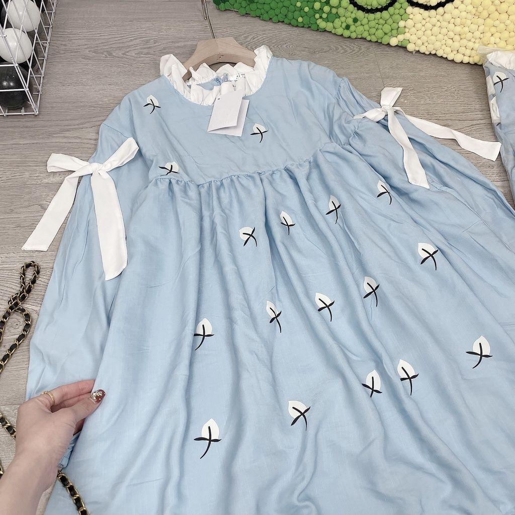 Đầm nữ Babydoll Xanh Vai Nơ Dài Tay Phối Viền Mặc đi làm du lịch đi chơi Q093