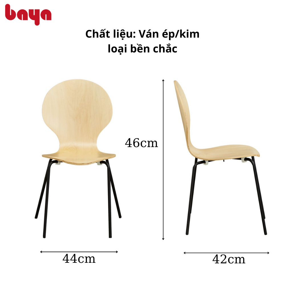 Bộ 4 Ghế Ăn Ván Ép Màu Gỗ Sáng BAYA VERONA Mặt Ghế Bo Tròn Khung Kim Loại Chắc Chắn 6000276