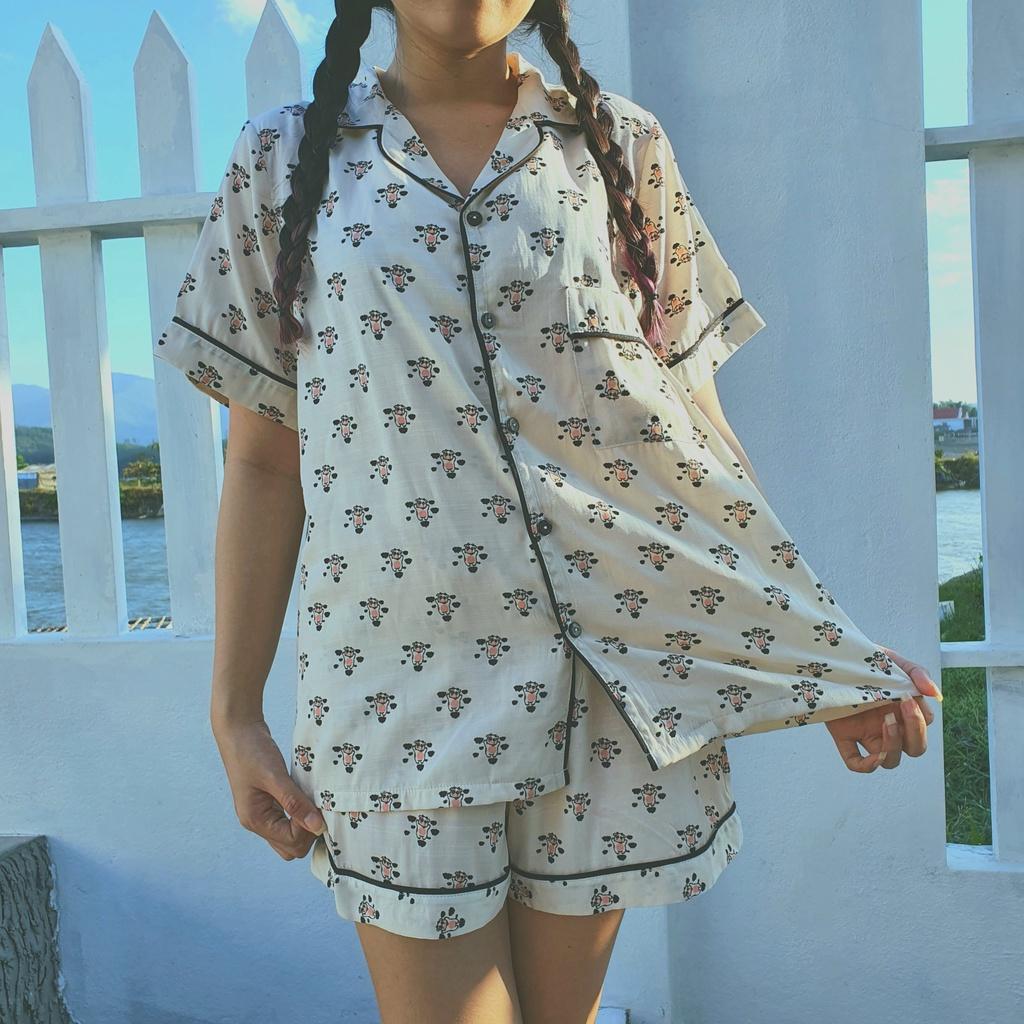 Pyjama đùi đũi lanh bò sữa