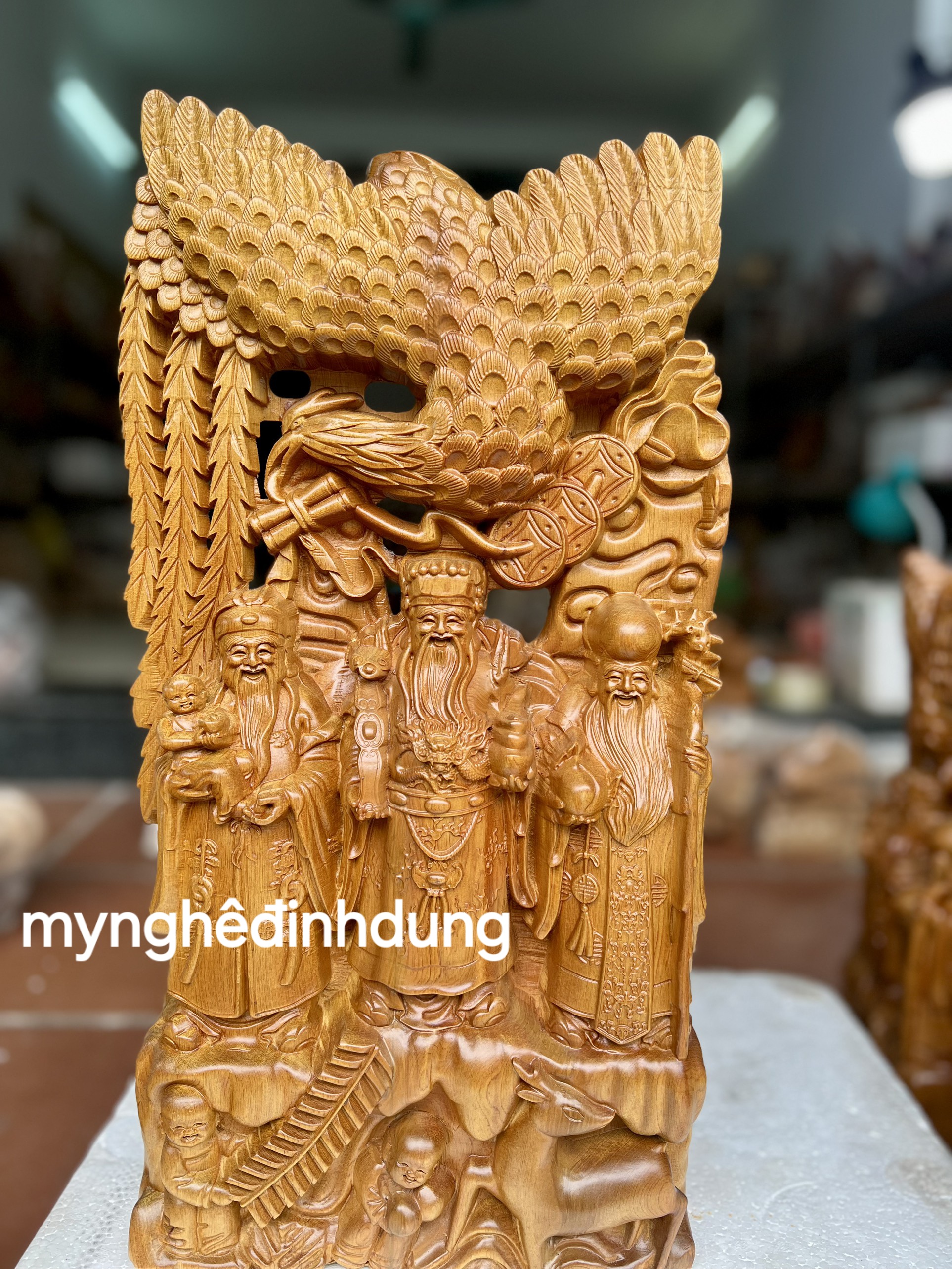 Tượng phật tam đa phượng hoàng phúc lộc thọ bằng gỗ bách xanh thơm nức cao 50x30x9cm