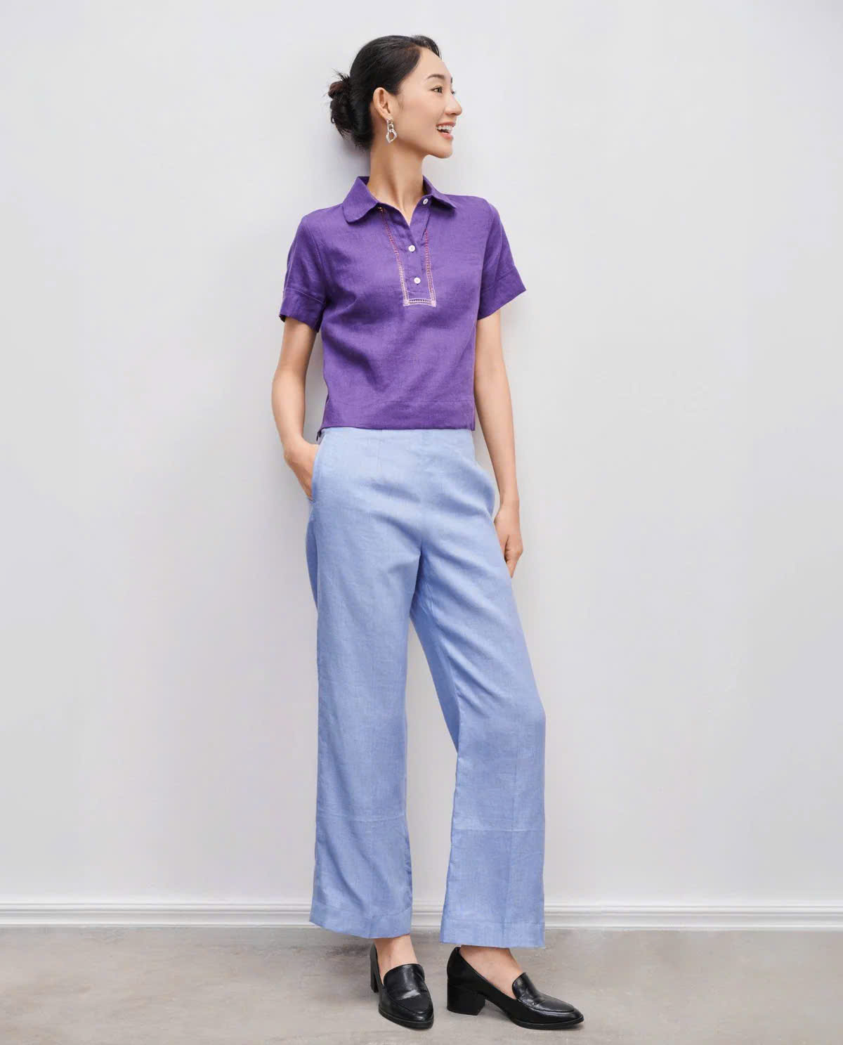 Áo Sơ Mi Nữ Cổ Trụ Tay Ngắn, Áo Sơ Mi Rua Rút Chỉ Linen Tím TOP195 thời trang thiết kế Hity