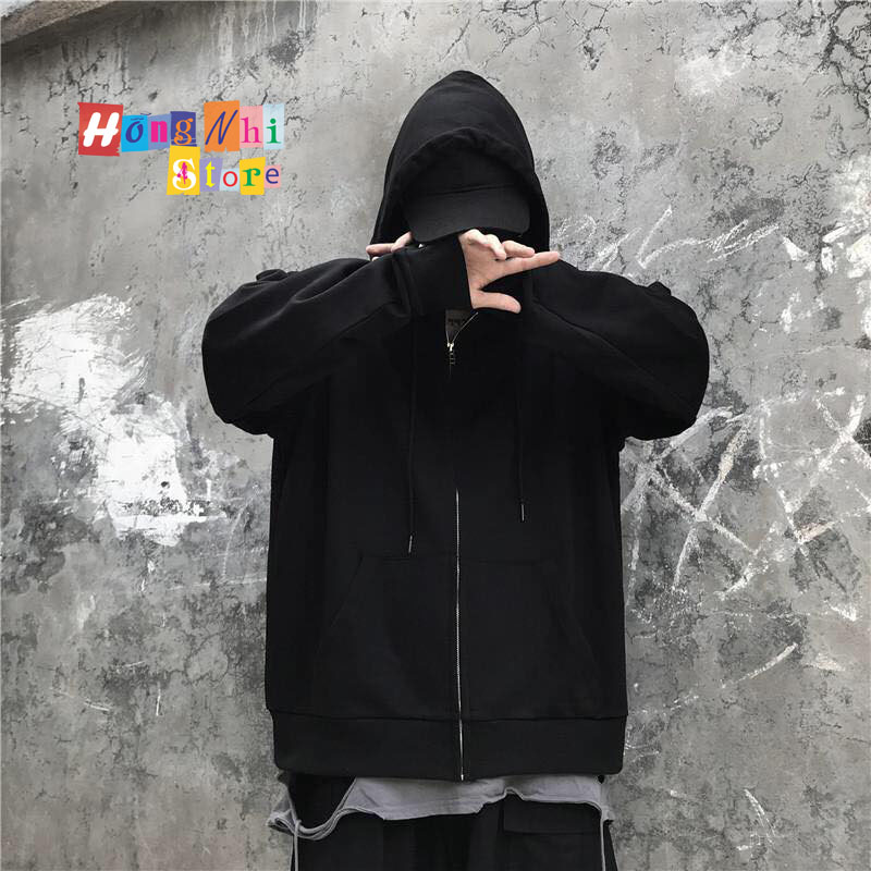 Áo Hoodie Zip Unisex Black - Khoác Hoodie Dây Kéo Dáng Rộng Màu Đen - MM