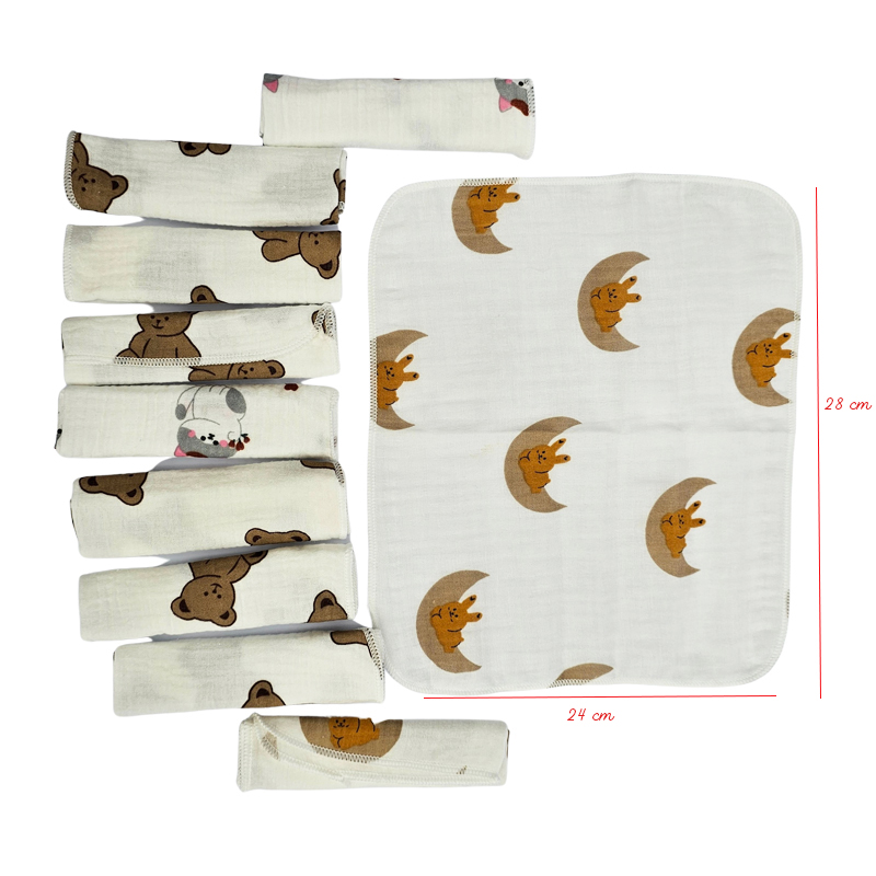 Set 10 khăn sữa nhăn muslin 2 lớp cho bé, size 24cm x 28cm, khăn sữa cho bé sơ sinh mềm mịn, an toàn thấm hút tốt