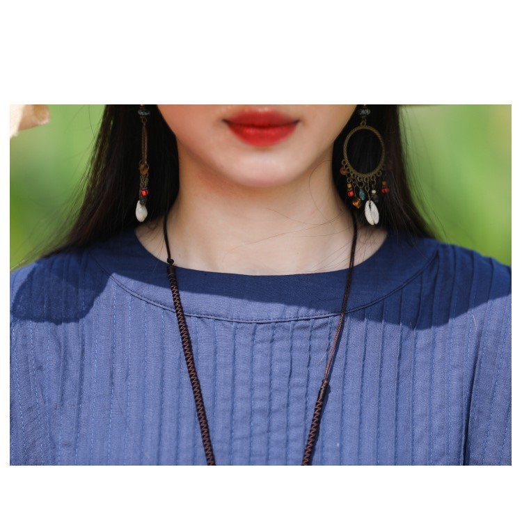 Đầm suông linen thiết kế xếp li trước thời trang, màu xanh đen nhã nhặn NH192