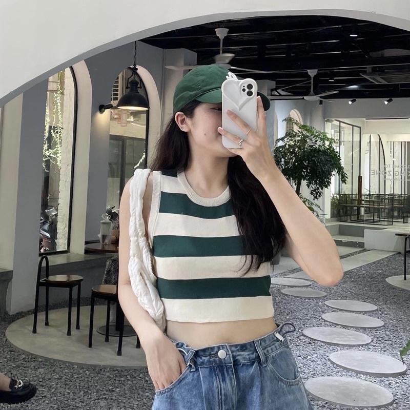 Áo len croptop Mongtoghi ba lỗ, Áo 3 lỗ kẻ ngang sát nách hottrend Junnie Closet