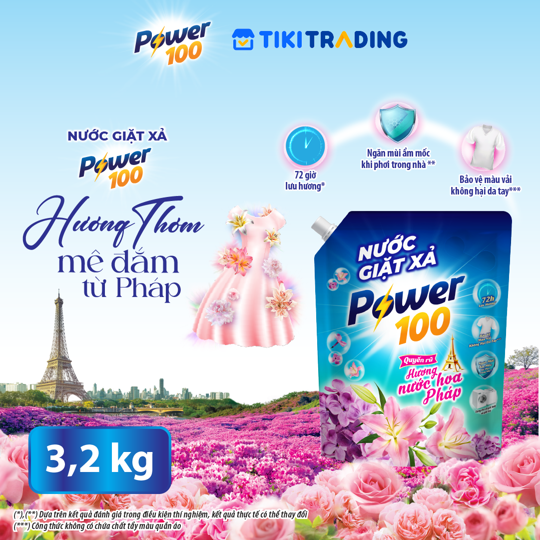 Túi Nước Giặt Xả POWER100 Hương Nước Hoa Pháp 3.2KG