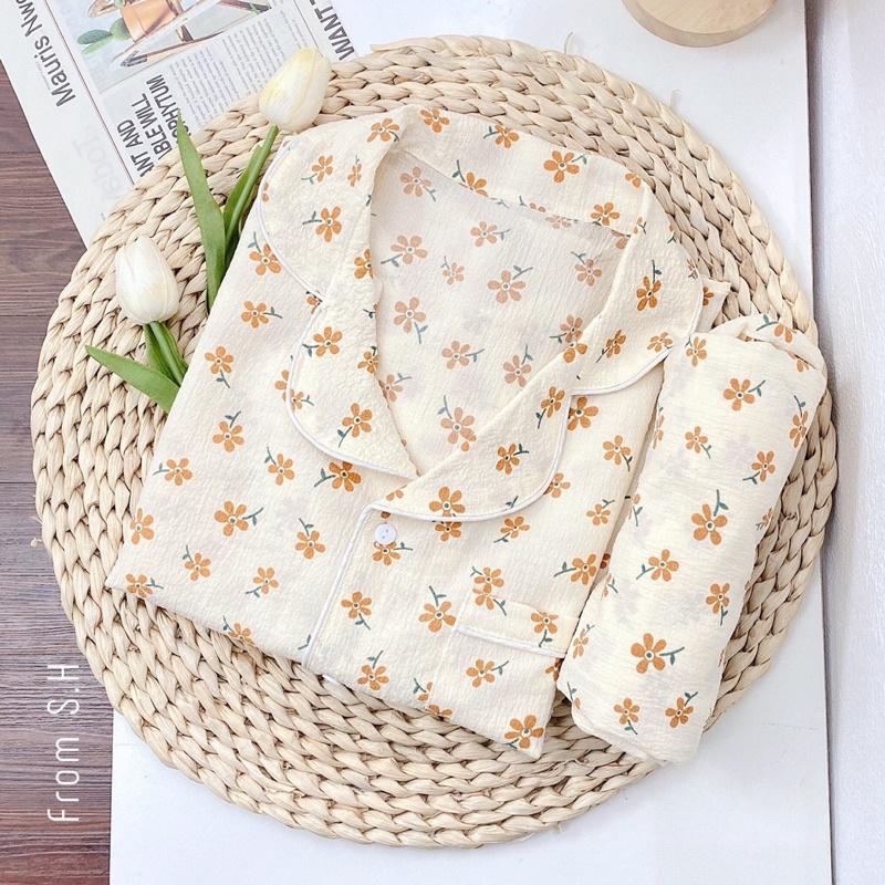 Bộ đồ ngủ nữ, bộ đồ pizama dài tay chất liệu xốp đũi Hàn mềm.