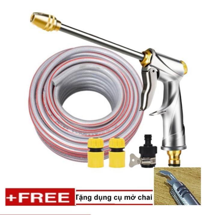 Bộ dây vòi xịt nước rửa xe, tưới cây . tăng áp 3 lần, loại 20m 206701-2 đầu đồng,cút,nối đen + tặng mở chai TL