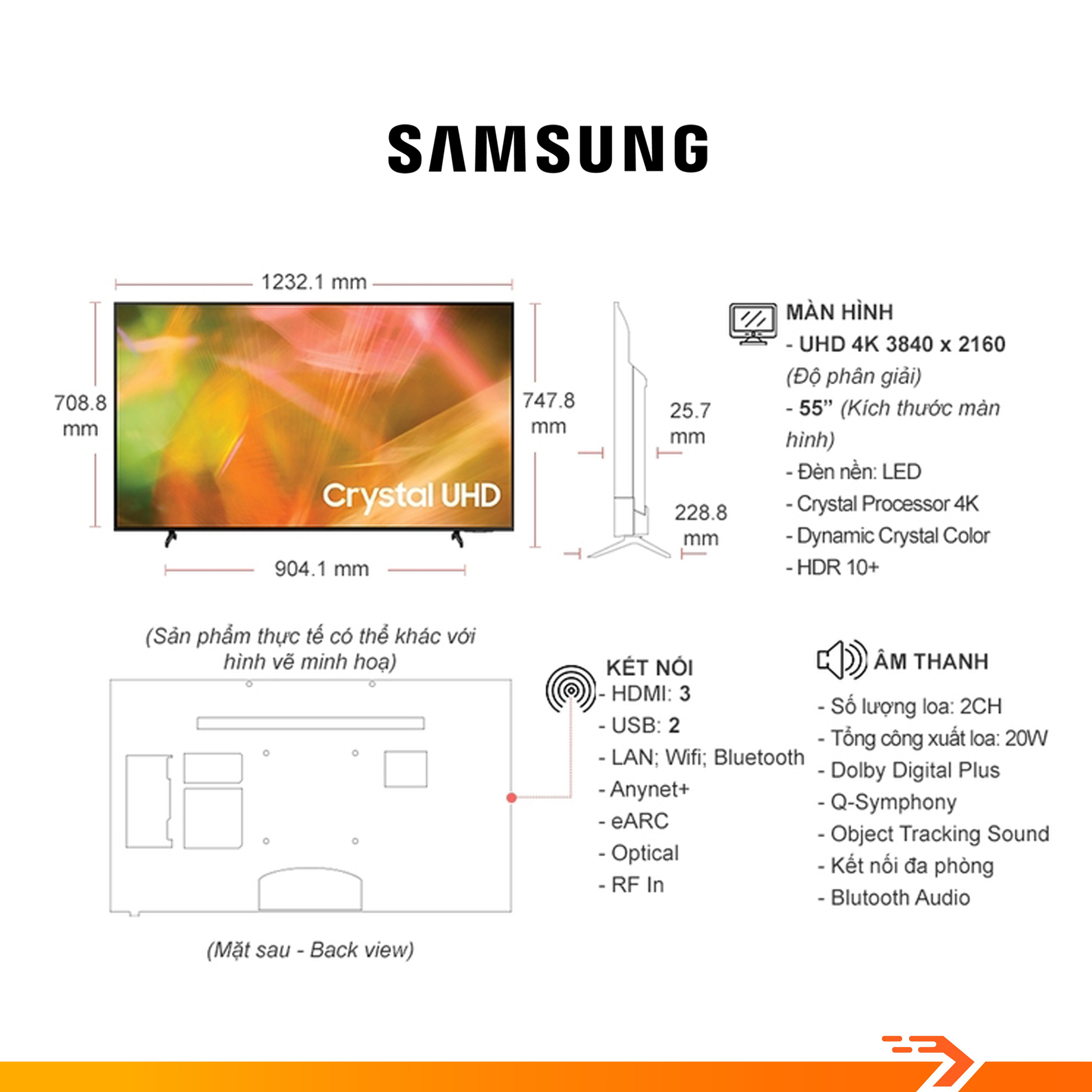 Smart tivi Samsung Crystal UHD 4K 55 inch UA55AU8000KXXV - Hàng Chính Hãng