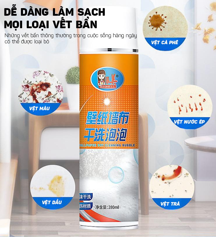 (280ml) Bọt Làm Sạch Vết Ố Bẩn Giấy Lụa Dán Tường 280ml - Xóa Vết Bẩn, Ố Vàng, Giữ Sáng Đẹp Tường - Hàng Nhập Khẩu