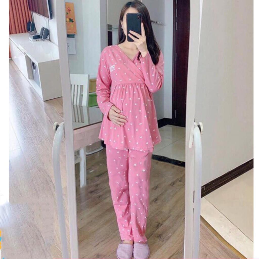 Bộ pink bầu và sau sinh vén chéo ngực cho bé bú, chất cotton cao cấp