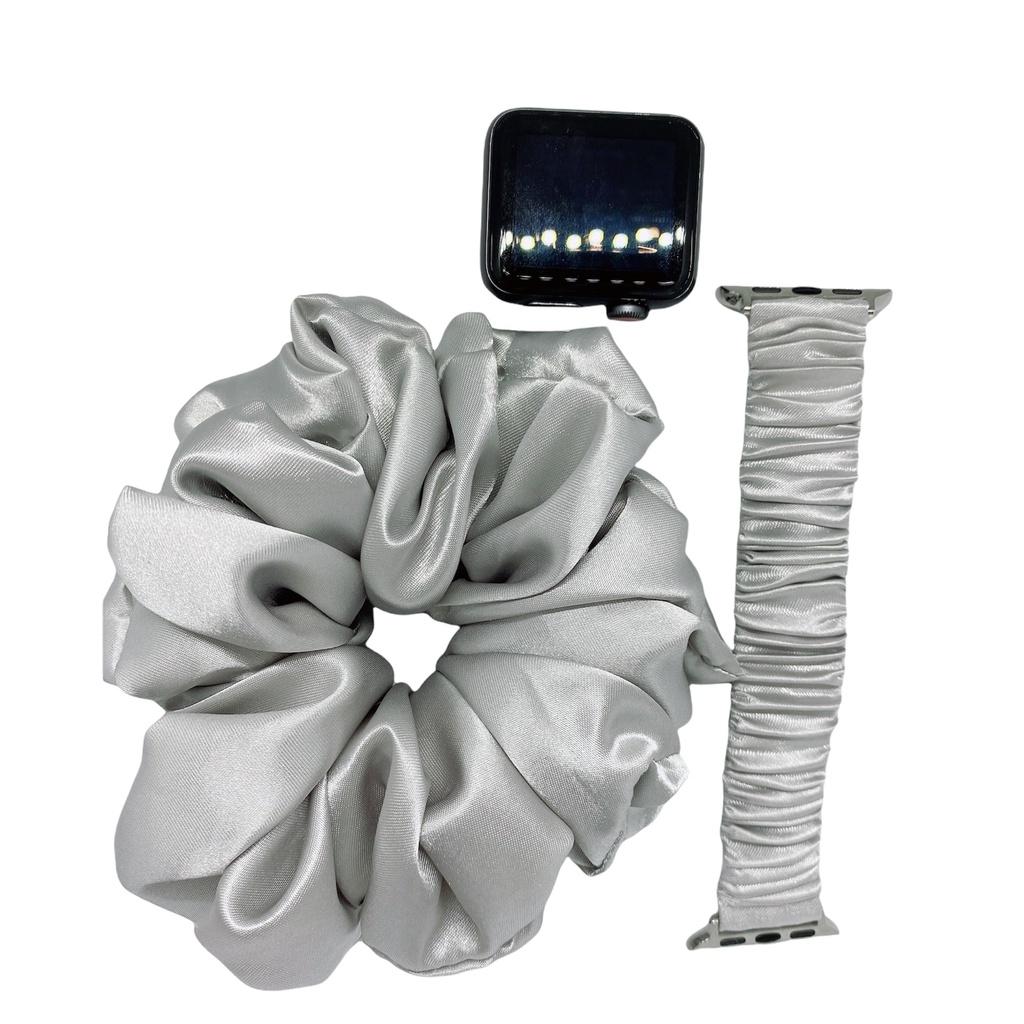 Combo dây đồng hồ apple watch và scrunchies dây cột tóc, buộc tóc vải satin lụa Bạc Noel