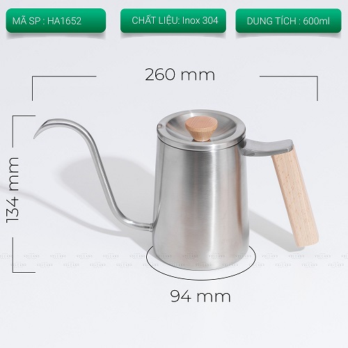 Ấm rót inox 304 tay cầm gỗ vuông pha cà phê tiện lợi Tiamo 600ml