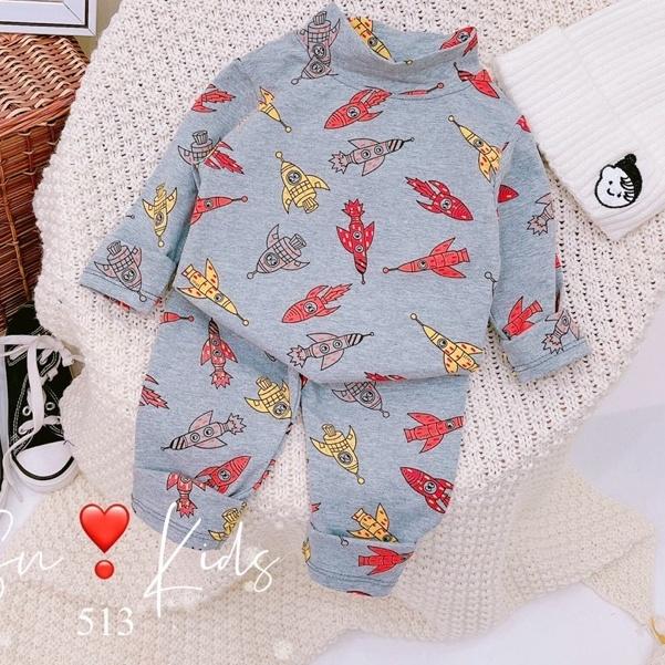 Bộ cotton cổ cao 3p quần áo bé trai hoạ tiết khủng long ô tô