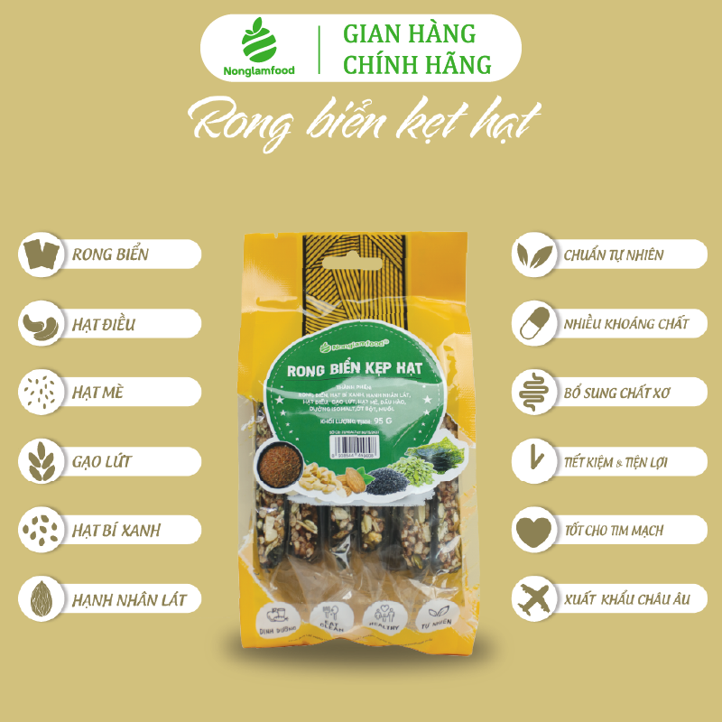 [THUẦN CHAY] Combo 10 túi thanh rong biển kẹp hạt KHÔNG ĐƯỜNG Nonglamfood túi 95g 8 thanh | Rong biển kẹp hạt giòn rụm, ăn vặt