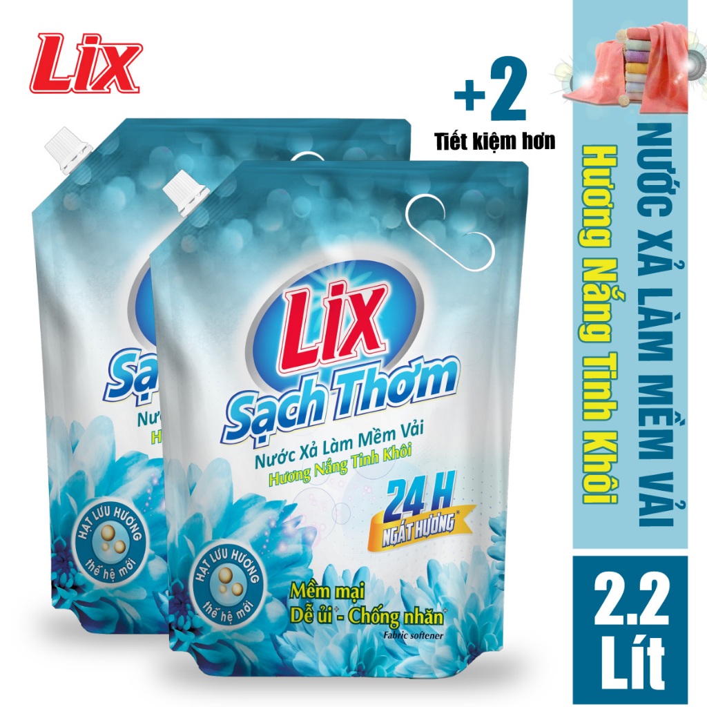 COMBO 2 túi nước xả vải Lix sạch thơm hương nắng tinh khôi (2 túi x 2.2 lít) L17802
