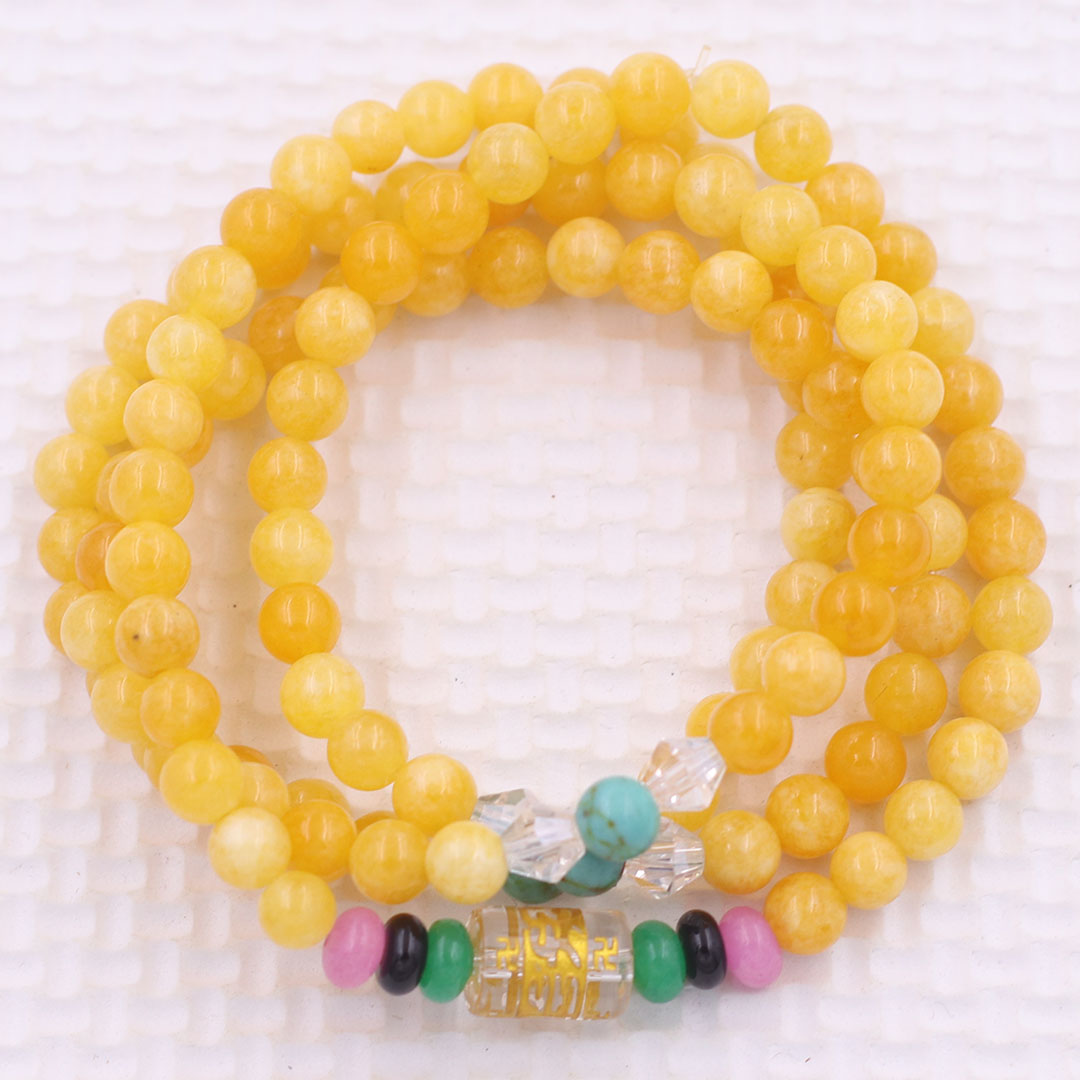 Vòng chuỗi 108 hạt đá ngọc tủy vàng charm lục tự chân ngôn - hạt 8 ly , vòng chuỗi niệm Phật, vòng chuỗi đeo tay