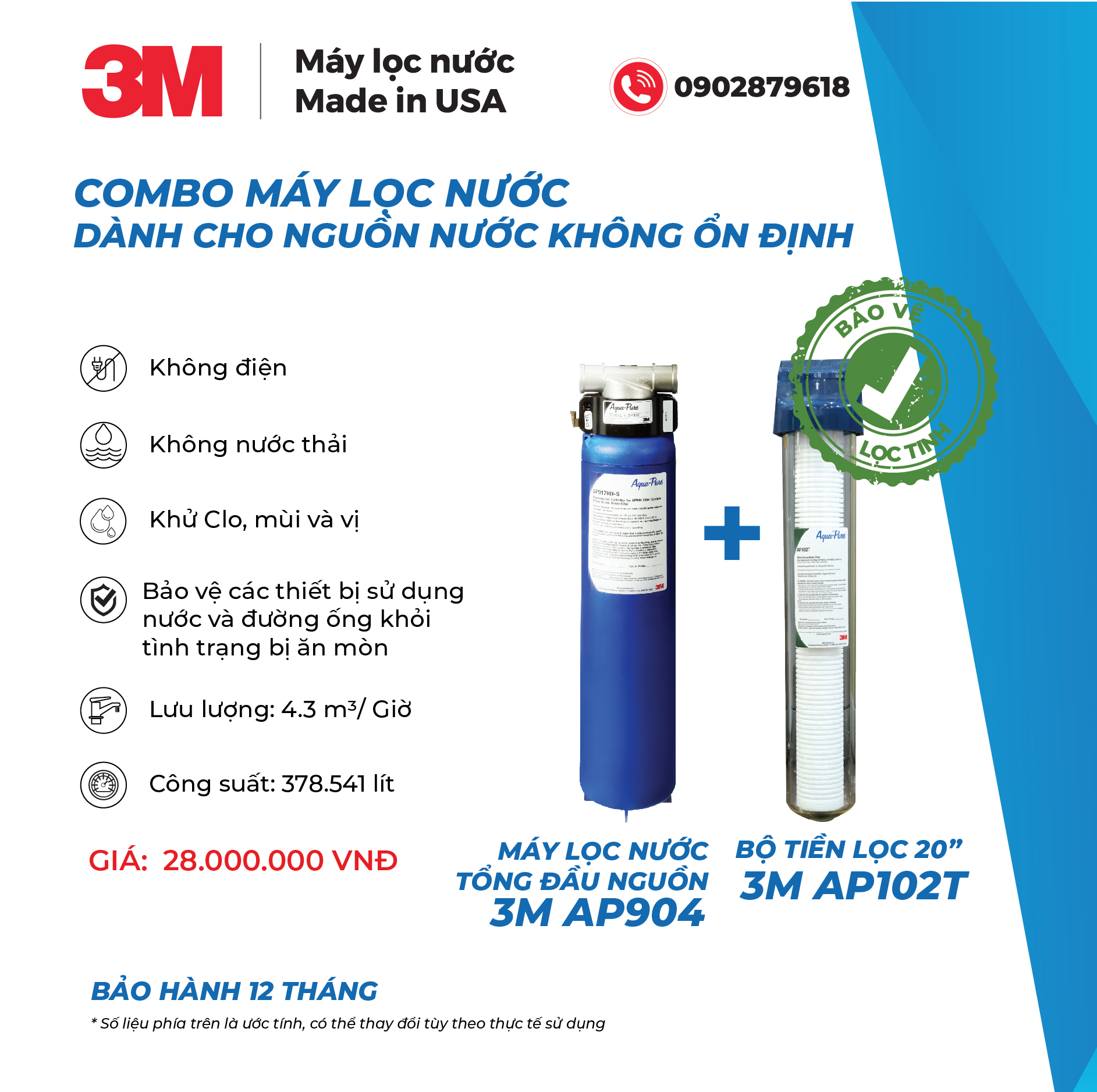 Combo Hệ Thống Lọc Nước Tổng Đầu Nguồn AP904 + Lọc Thô 3M - Hàng Chính Hãng 3M