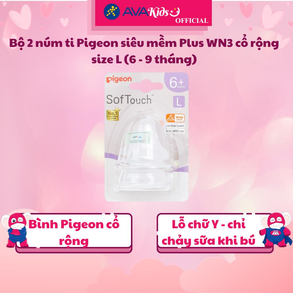 Bộ 2 núm ti Pigeon siêu mềm Plus WN3 cổ rộng size L (6 - 9 tháng) - Hàng Chính Hãng