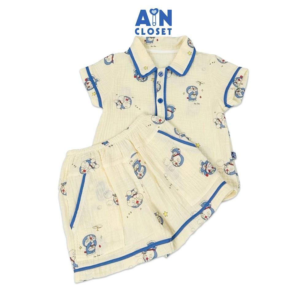 Bộ quần áo Ngắn unisex cho bé họa tiết Doraemon Xanh xô muslin - AICDBTKMBRWT - AIN Closet