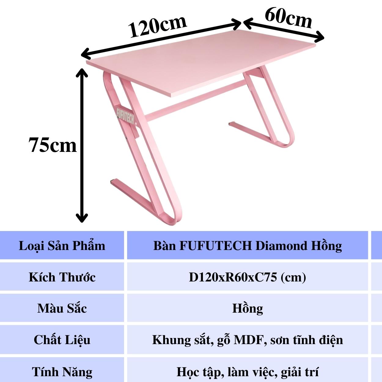 Bàn màu hồng FUFUTECH Diamond 120x60 cm dùng làm bàn để máy tính, livestream, chơi game, làm việc
