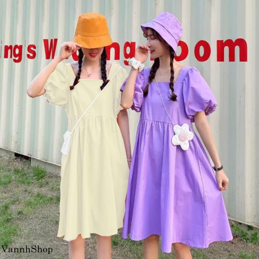 Đầm nữ trẻ em Hot trend 2021 - Cổ vuông - Tay phồng - Chất đũi -VannhShop Ms 01A