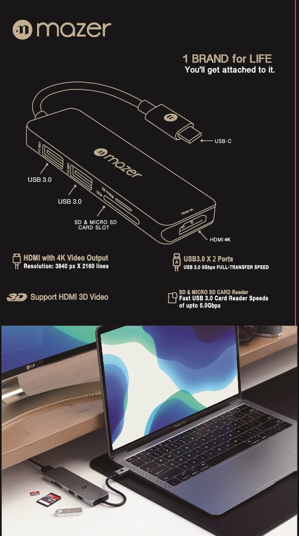 Cổng Chuyển Đổi Mazer USB-C to HDMI4K + USB 3.0X2 + SD/Micro SD Adapter - hàng chính hãng