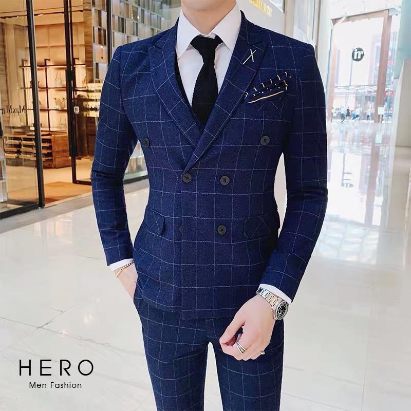 Bộ Vest Nam Cao Cấp Kẻ Caro, Bộ Suit Nam Hàn Quốc Kẻ Caro đen