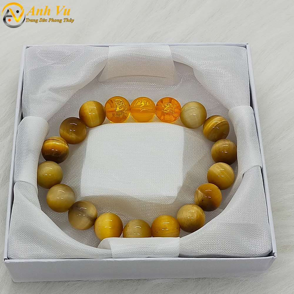 Vòng tay đá mắt hổ vàng nâu tự nhiên mix 3 viên thân tý thìn - Vòng tay phong thủy nam nữ mệnh thổ - May mắn tài lộc