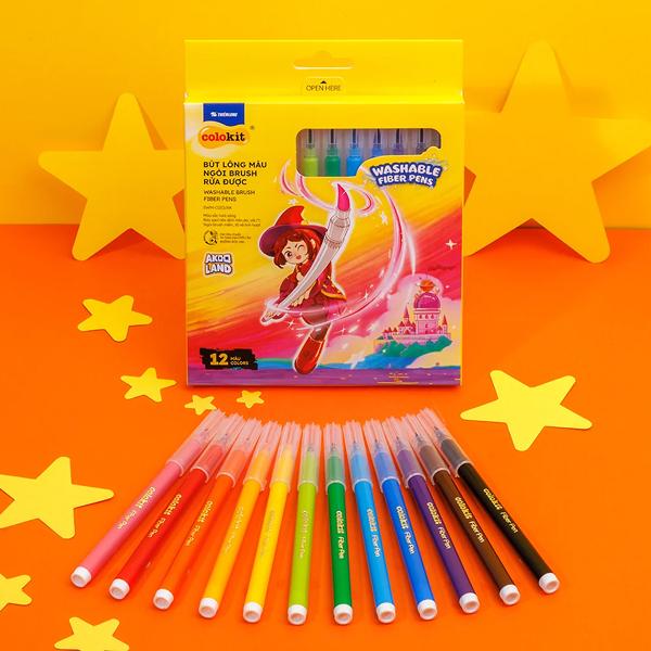 Hộp 12 Bút Lông Màu Ngòi Brush Rửa Được - Nhân Vật Akooland Thế Giới Học Cụ Thần Kỳ - Colorkit SWM-C010/AK