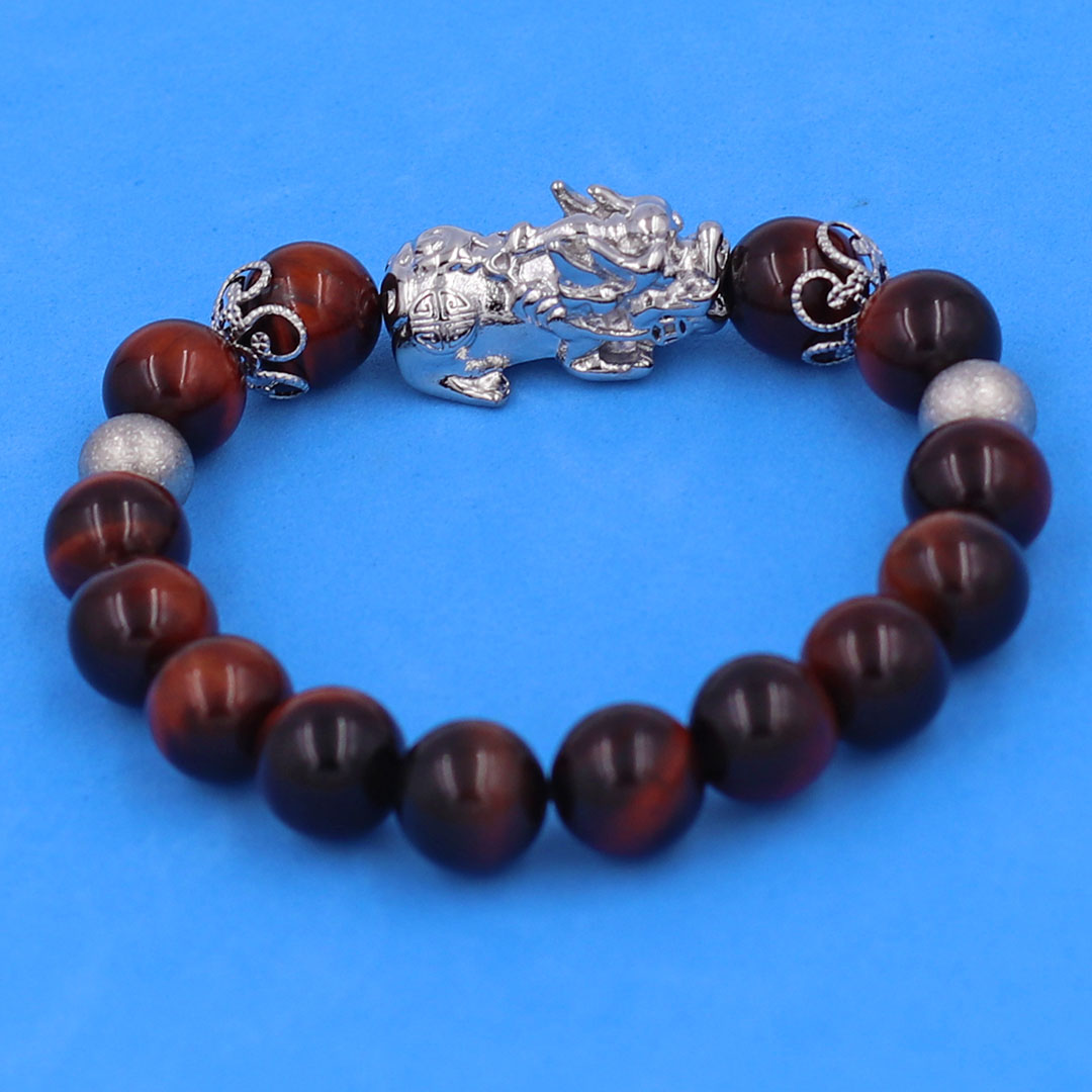 Vòng chuỗi đeo tay đá mắt hổ đỏ đen 10 ly charm tỳ hưu inox, bi inox, khía bông inox, vòng tay phong thuỷ, vòng tay tỳ hưu