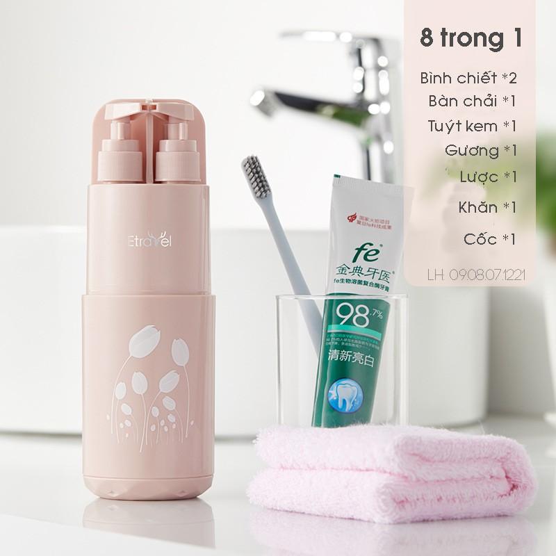 Bình du lịch đa năng 8 trong 1 đựng bàn chải, kem đánh răng, sữa tắm tặng kèm lược và gương