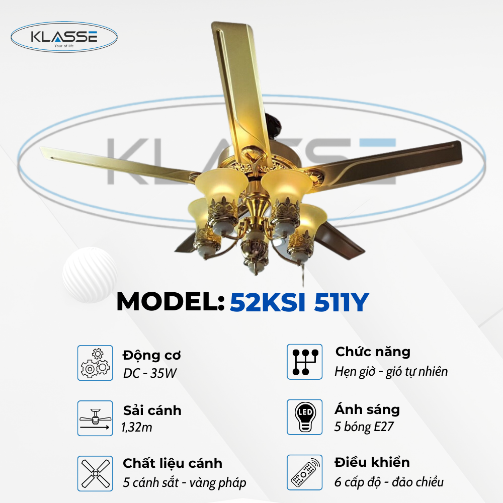 Quạt trần chùm đèn Klasse 52KSI 511Y Hàng chính hãng