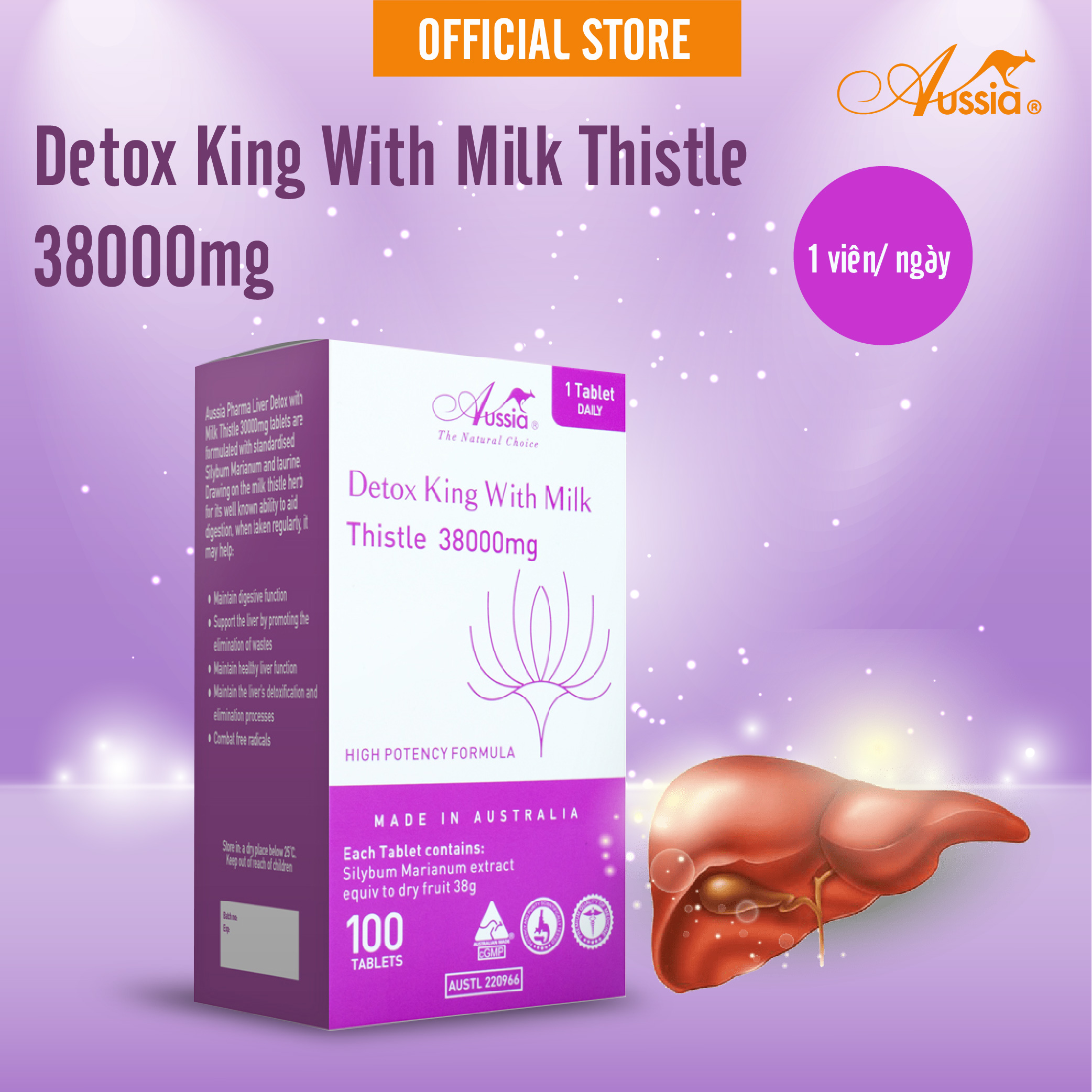 Viên uống thải độc gan hàm lượng cao Aussia Detox King With Milk Thistle