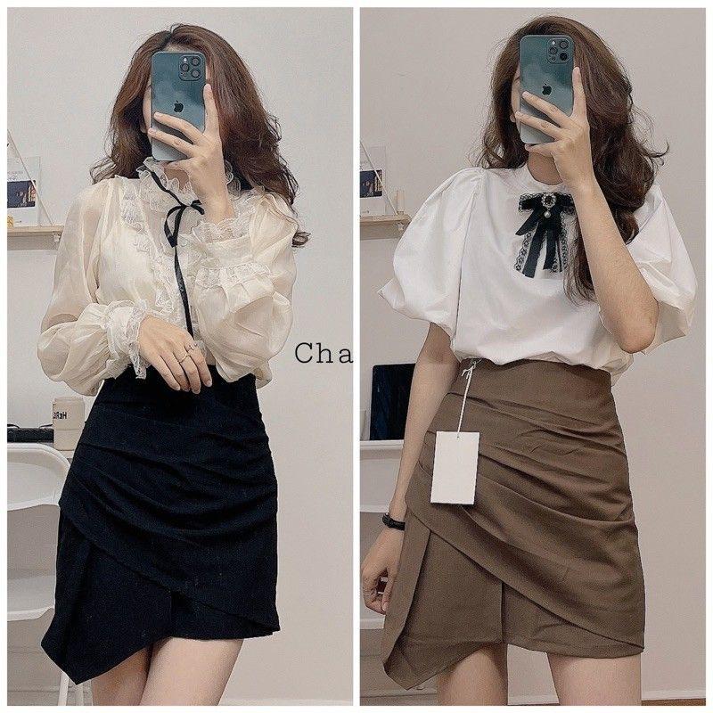 Chân váy xếp ly vạt lệch