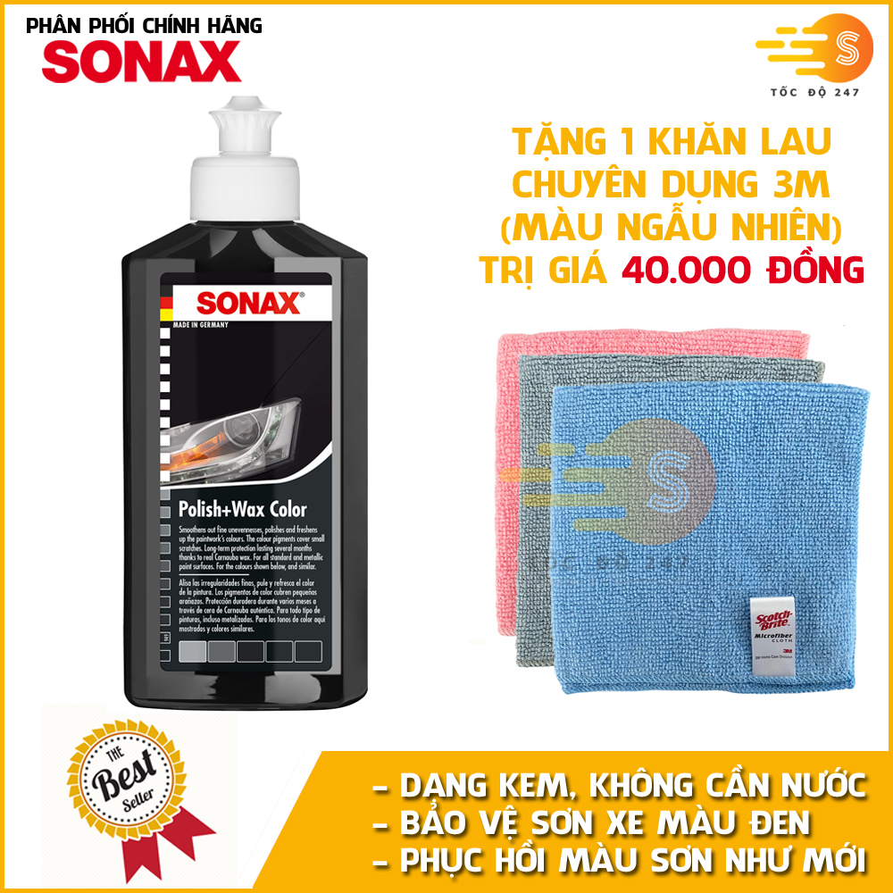 Kem đánh bóng và bảo vệ sơn màu đen xe ô tô Sonax 296141 250ml - tặng 1 khăn 3M màu ngẫu nhiên - Che phủ vết xước nhỏ, phục hồi sơn cũ, tăng độ mịn cho mặt sơn