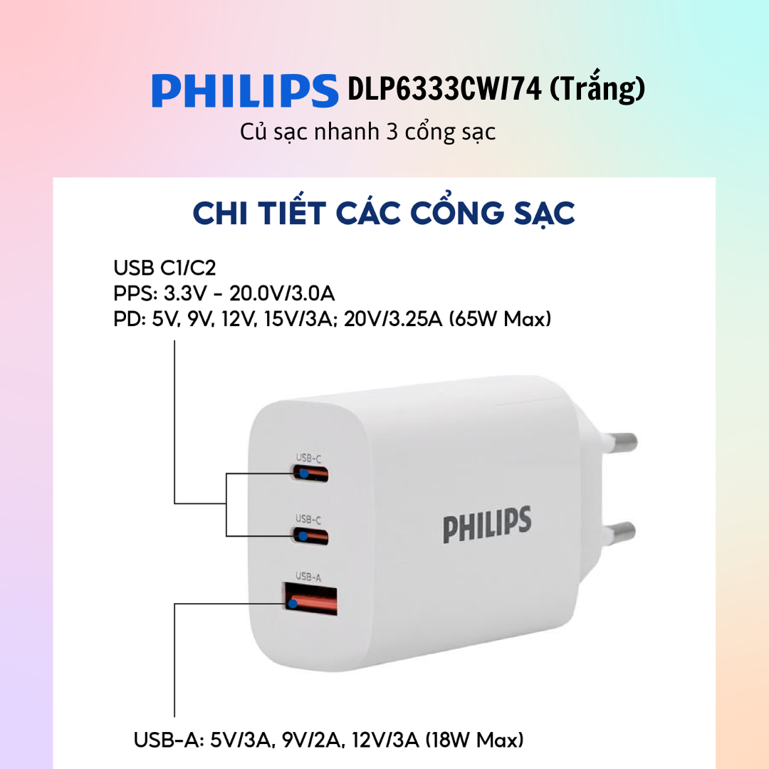 Sạc đa cổng Philips Wall Charger 1USB 2Type-C 65W QC 3.0 DLP6333CW/74 - DLP6333CB/74 - Hàng chính hãng