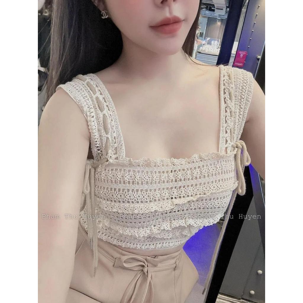 Áo 2 dây cánh tiên cúc gỗ viền ren, Áo nữ dáng ngắn croptop thời trang đi biển A12