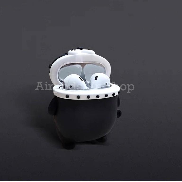 Bao Case Ốp dành cho Airpods 1/2, i11, i12 bulldog đen đeo khuyên tai siêu ngầu silicon cao cấp