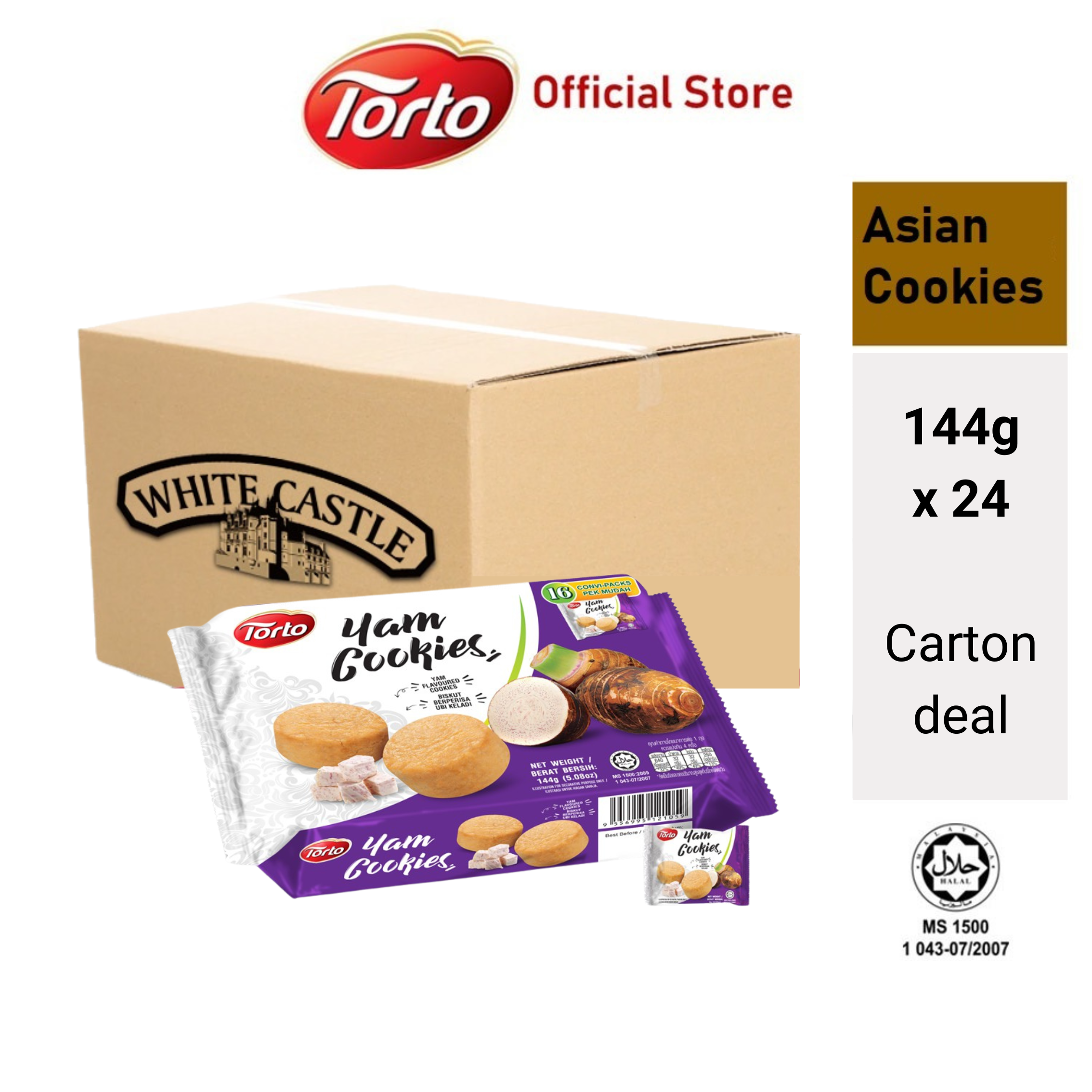 Thùng 24 hộp bánh quy Khoai Mỡ White castle nhập khẩu Malaysia 144g Torto Asian Cookies Yam Cookies