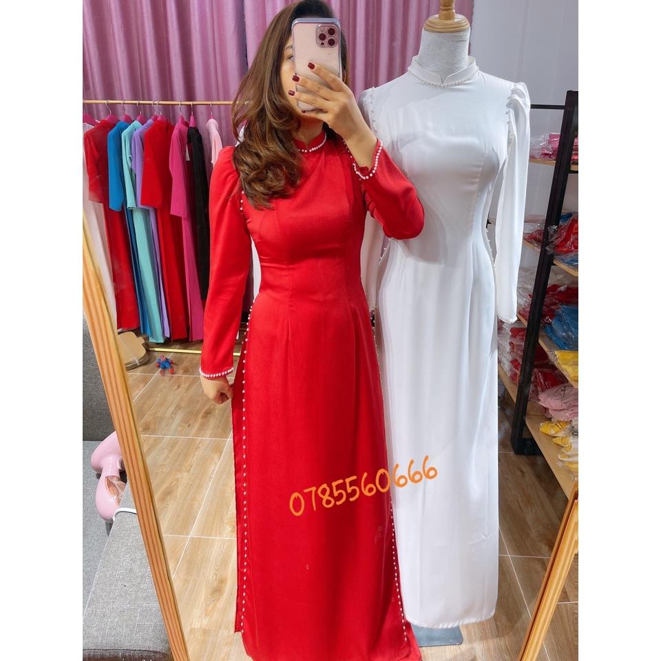 ÁO DÀI CÔ DÂU MÀU ĐỎ LỤA ĐÍNH HẠT TAY BỒNG