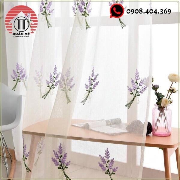 Rèm voan thêu hoa oải hương cao cấp,xinh xắn cho cửa sổ cửa chính trang trí Decor