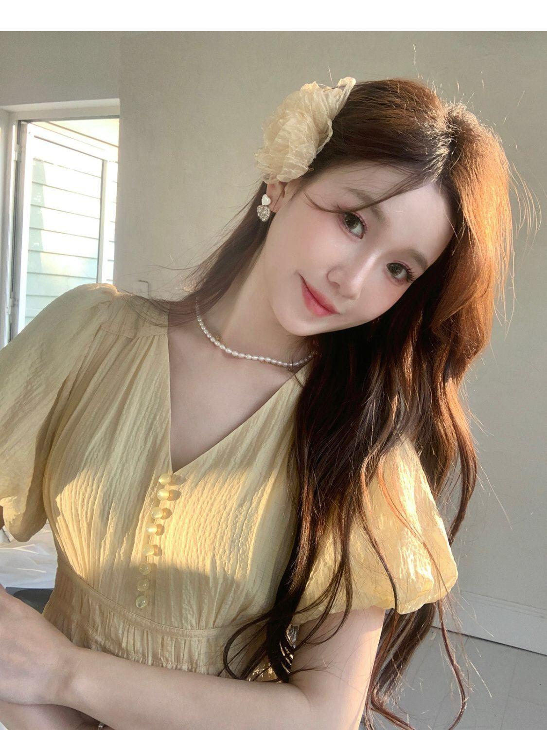 TOBE1SHOP DbyDoi Pháp Vintage dịu dàng gió hiển thị gầy v-cổ tiên nghỉ mát gió váy đầm đầm dài cho trẻ em mùa hè