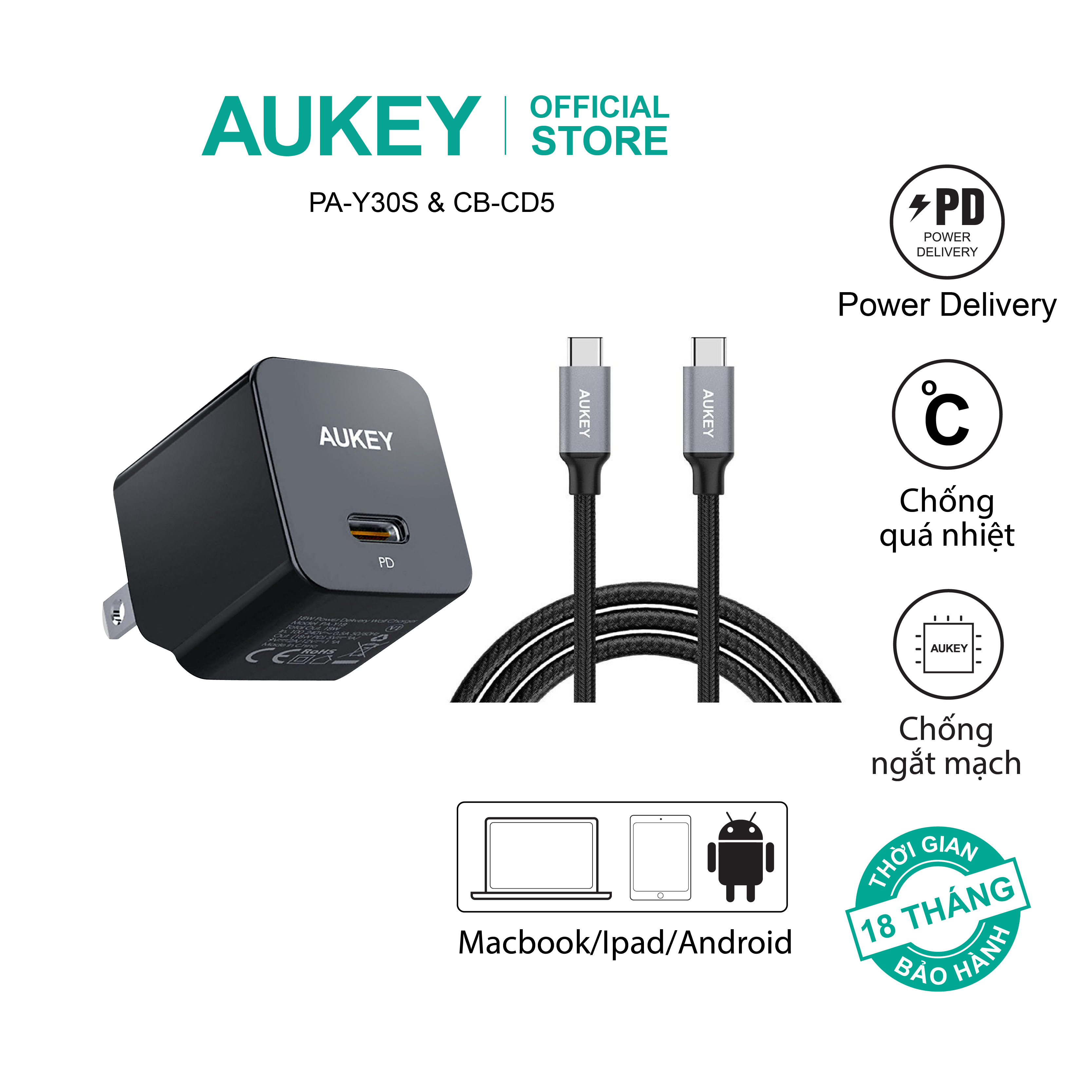 Combo bộ sạc Aukey cho Iphone củ sạc PA-Y30S và cáp sạc CB-CL3 hàng chính hãng