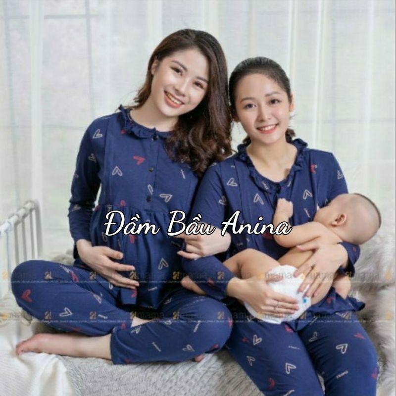 Bộ bầu cổ bèo chất cotton mặc trước và sau sinh BD904