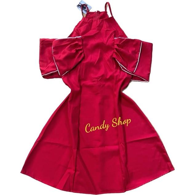 Đầm xoè cổ yếm nơ tay viền xinh xắn