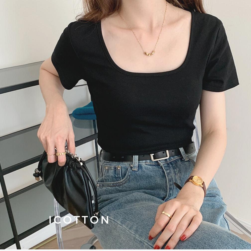 Áo cổ vuông nữ ️ICOTTON️ áo cổ viền phom ôm 100% cotton kiểu dáng trẻ trung