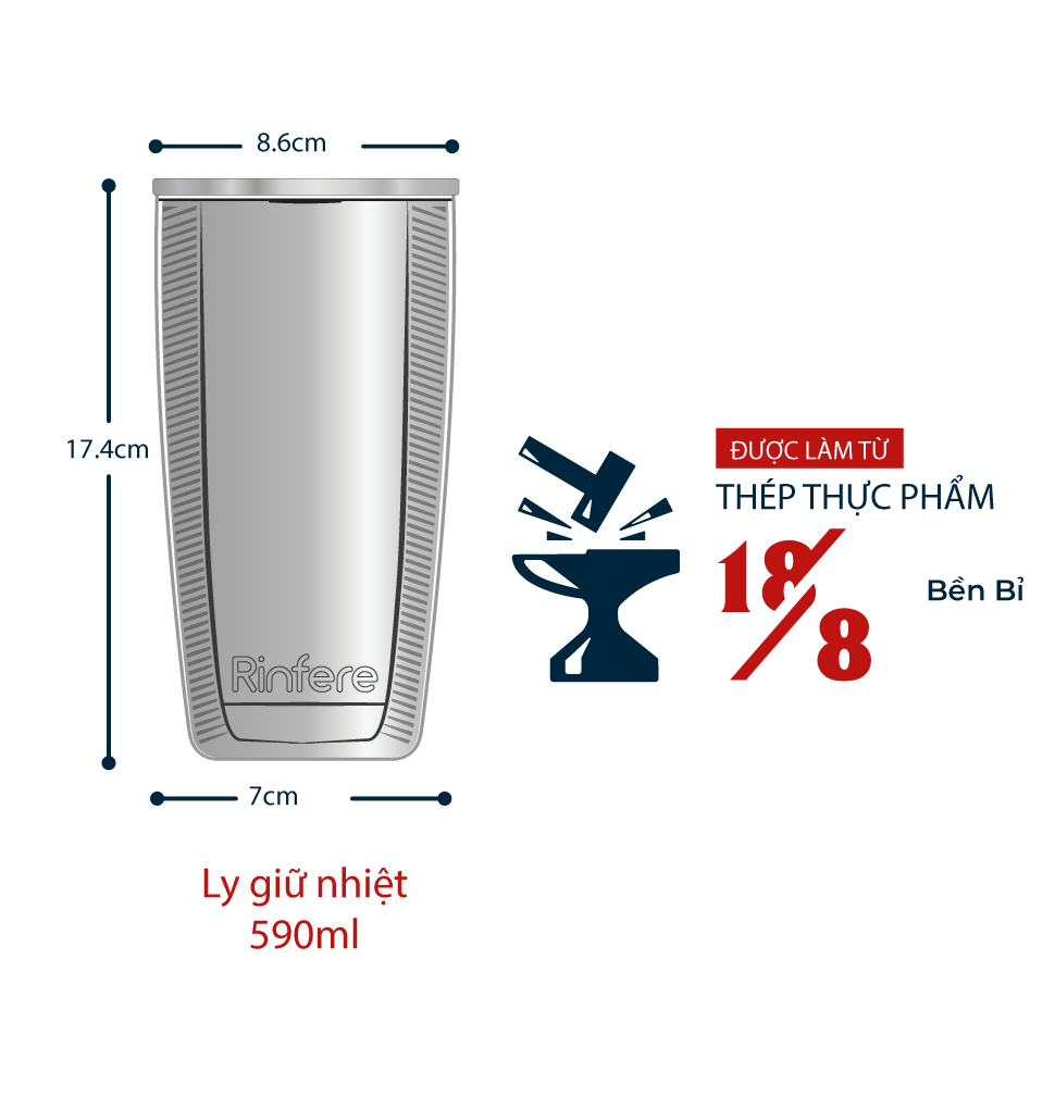 Ly Giữ Nhiệt Nắp Trượt Chống Tràn Rinfere - Tặng Kèm Ống Hút Không Gỉ, Dụng Cụ Vệ Sinh Ông Hút