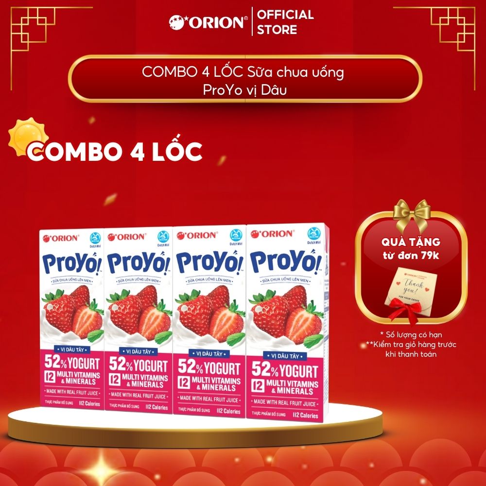 COMBO Lốc 4 hộp Sữa Chua Uống ORION ProYo vị Dâu Tây 180ML