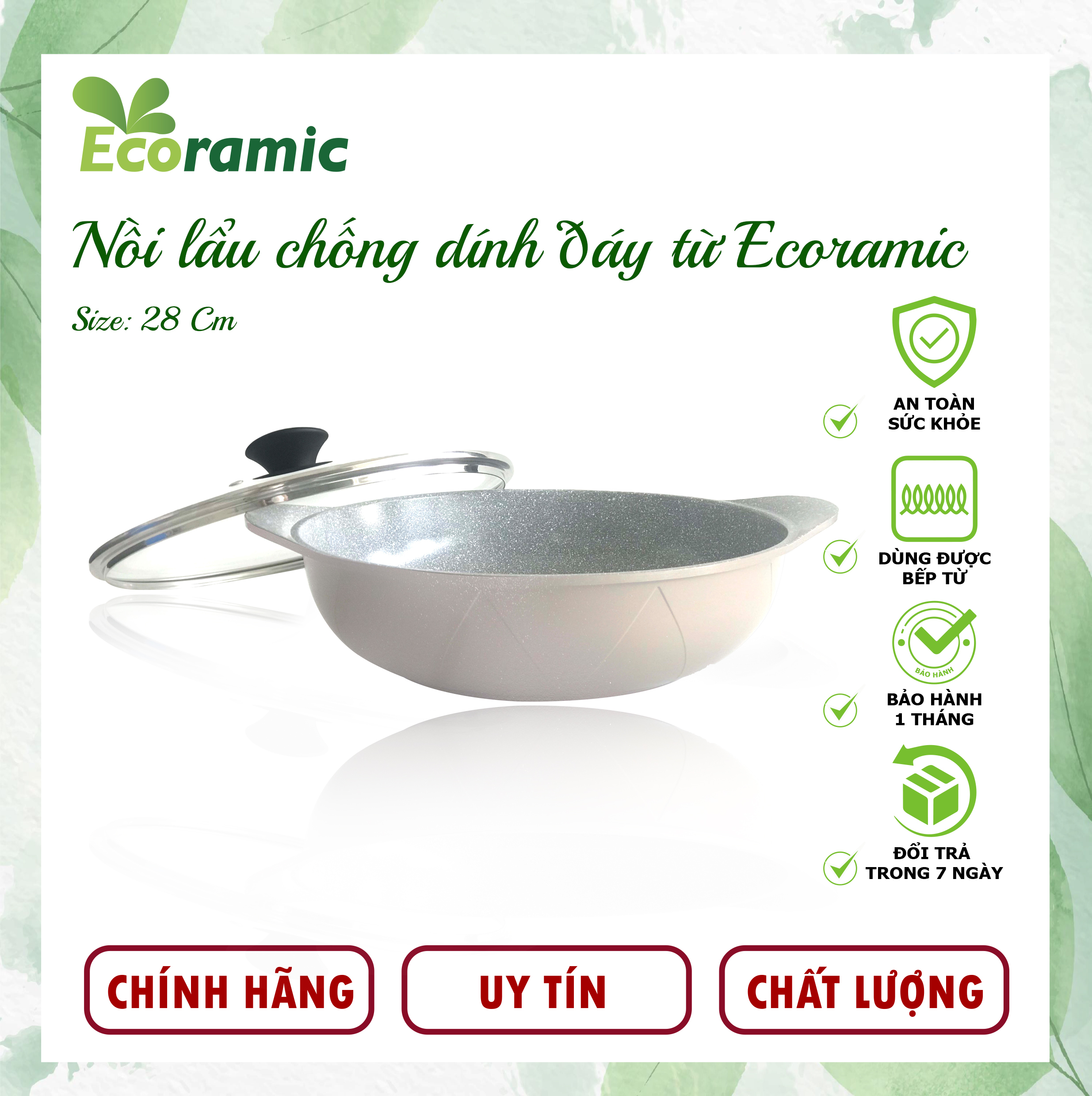 Nồi Lẩu Chống Dính Ecoramic Vân Đá Từ Chính Hãng Cao Cấp, Nồi lẩu siêu bền size 28cm, Dùng cho mọi loại bếp, Bảo hành chính hãng 2 tháng